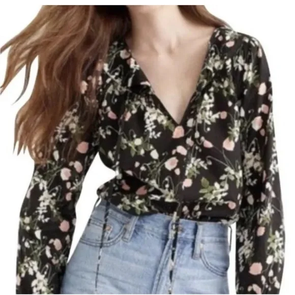 J Crew Point Sur Peasant Top Liberty London Art Fabric Poppy Dream Black Sz XS - Picture 3 of 16